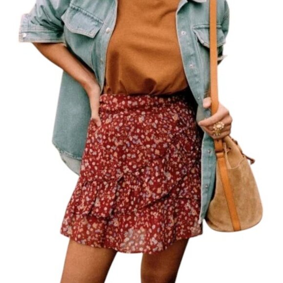 NEW Sezane Carolina Skirt in Burgundy Flowers Ruffle Size US 6
